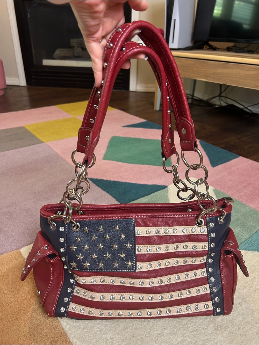 Montana West Red Faux Leather Americana Studded Tote Bag Patriotic Flag Design - Picture 3 of 17
